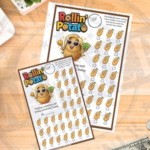 Könnte beinhalten: Zwei Spielblätter zum Thema "Rollin' Potato" mit einer Cartoon-Kartoffel-Figur mit Sonnenbrille. Die Blätter haben ein Raster von Kartoffel-Illustrationen und den Text "Feeling a-peeling and totally potatastic today".