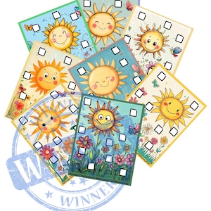 Puede incluir: Un conjunto de ocho tarjetas coloridas con un sol sonriente y flores. Cada tarjeta tiene una cuadrícula de cuadrados, algunos de los cuales están rellenos. Las tarjetas forman parte de un desafío de ahorro. El texto en las tarjetas dice "Savings Challenge by MHW Finland / PRMoneyRoll".