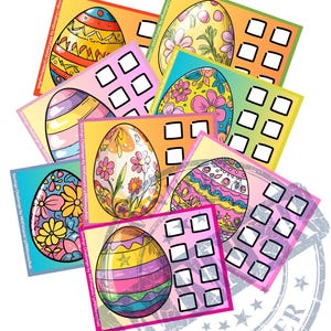 May include: A set of colorful Easter egg-themed bingo cards with a winner stamp. Each card features a different decorated egg design and a grid of squares to mark off.