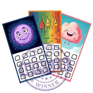 May include: Three colourful savings challenge cards with cartoon illustrations. One card shows a smiling purple moon against a starry sky. Another depicts raindrop characters, and the third shows a happy pink cloud. Each card has a grid of squares.