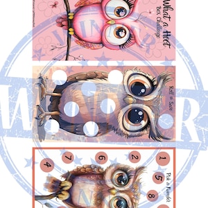 May include: Three pink and brown owl illustrations on a pink background. The top owl has a pink body and brown eyes. The middle owl has a brown body and brown eyes. The bottom owl has a brown body and brown eyes. The bottom owl is surrounded by a circle of numbers 1 through 8. The text "What a Hoot" and "Bex Challenge" is at the top of the image. The text "Roll & Save" is next to the middle owl. The text "Pick a Number" is next to the bottom owl.