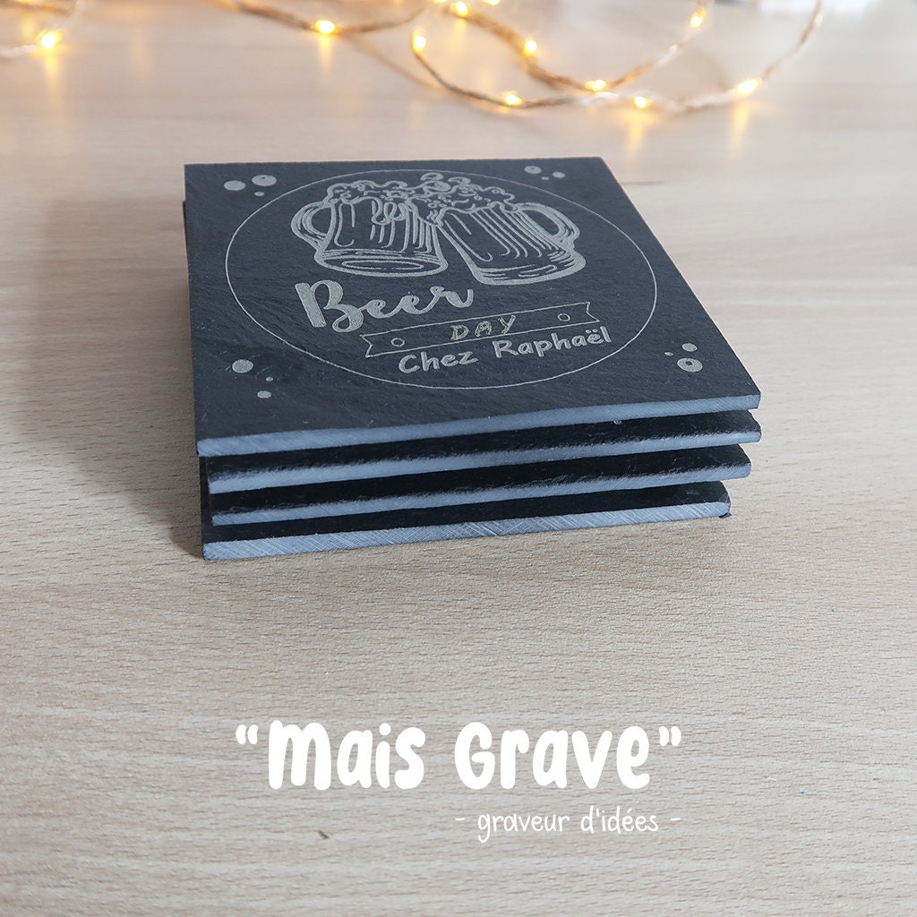 Set De 4 Sous-verres En Ardoise Ronds Gravés édition Limitée Cartes Sur Table
