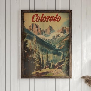 Pôster de viagem retrô do Colorado - Arte vintage de montanha, decoração ocidental, arte de parede rústica para amantes do estado do centenário
