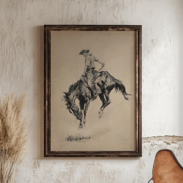 Cowboy Riding Bronco Art Print: Vintage Western Home Decor
