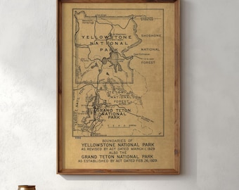 Mapa del Parque Nacional de Yellowstone y Grand Teton: Impresión vintage de 1929