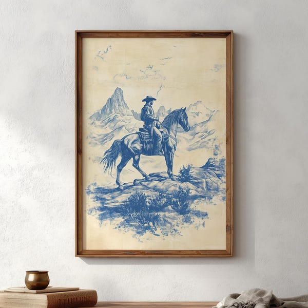 Chinoiserie Cowboy Druck: Vintage Blaues Pferd Kunst, Western Dekor