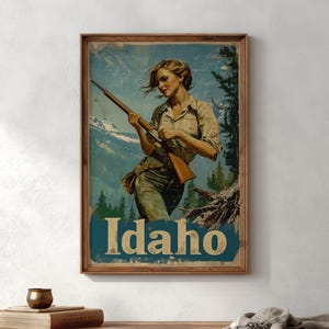 Impresión artística retro de cazador de Idaho: póster de viaje de montaña moderno de mediados de siglo