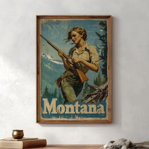 Vintage Montana Travel Poster: Retro Cowgirl Art, Big Sky Decor