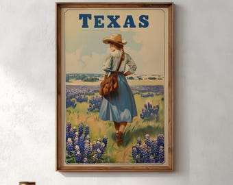 Vintage Texas reseaffisch: Cowgirl i Bluebonnet Field