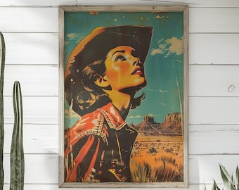 Lámina artística de vaquera vintage: decoración rústica del oeste para el hogar