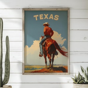 Póster de viaje retro de Texas, decoración del oeste, arte de pared rústico, arte vaquero vintage, obra de arte del estado de la estrella solitaria