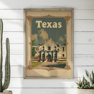 Póster de viaje retro de Texas Alamo / Arte de pared occidental vintage para decoración rústica y estética del estado de la estrella solitaria