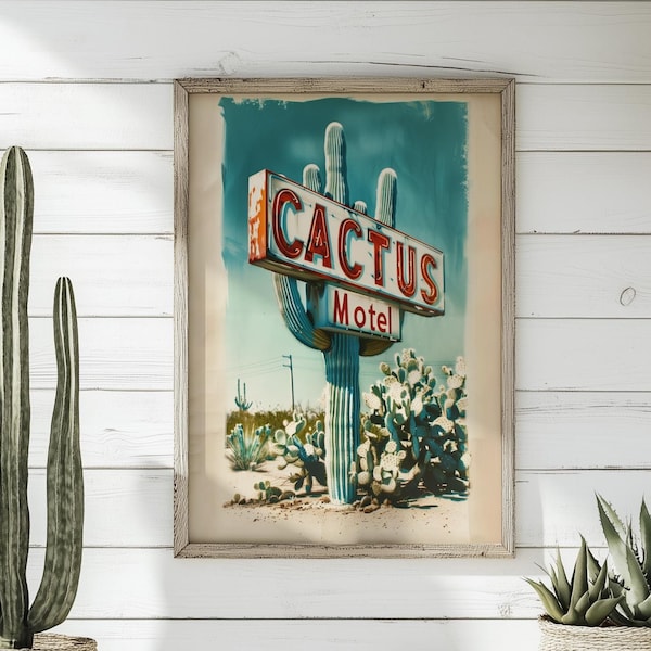 Vintage Cactus Motel Art Print: Retro Southwest Decor