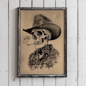 Lámina artística de esqueleto de vaquero: decoración vintage del oeste para el hogar