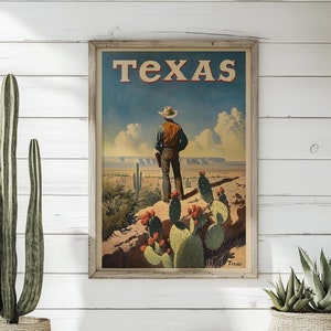 Póster de viaje retro de Texas, obra de arte vintage de Texas, arte rústico de vaqueros y decoración de pared occidental para hogares del estado de la estrella solitaria
