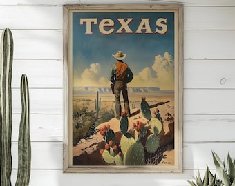 Retro Texas Travel Poster | Vintage Texas Artwork, Rustic Cowboy Art & Western Wall Decor for Lone Star State Homes