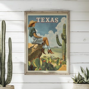 Póster de viaje retro de Texas, arte de vaquera vintage, decoración rústica del oeste, arte mural de Texas, obra de arte del estado de la estrella solitaria