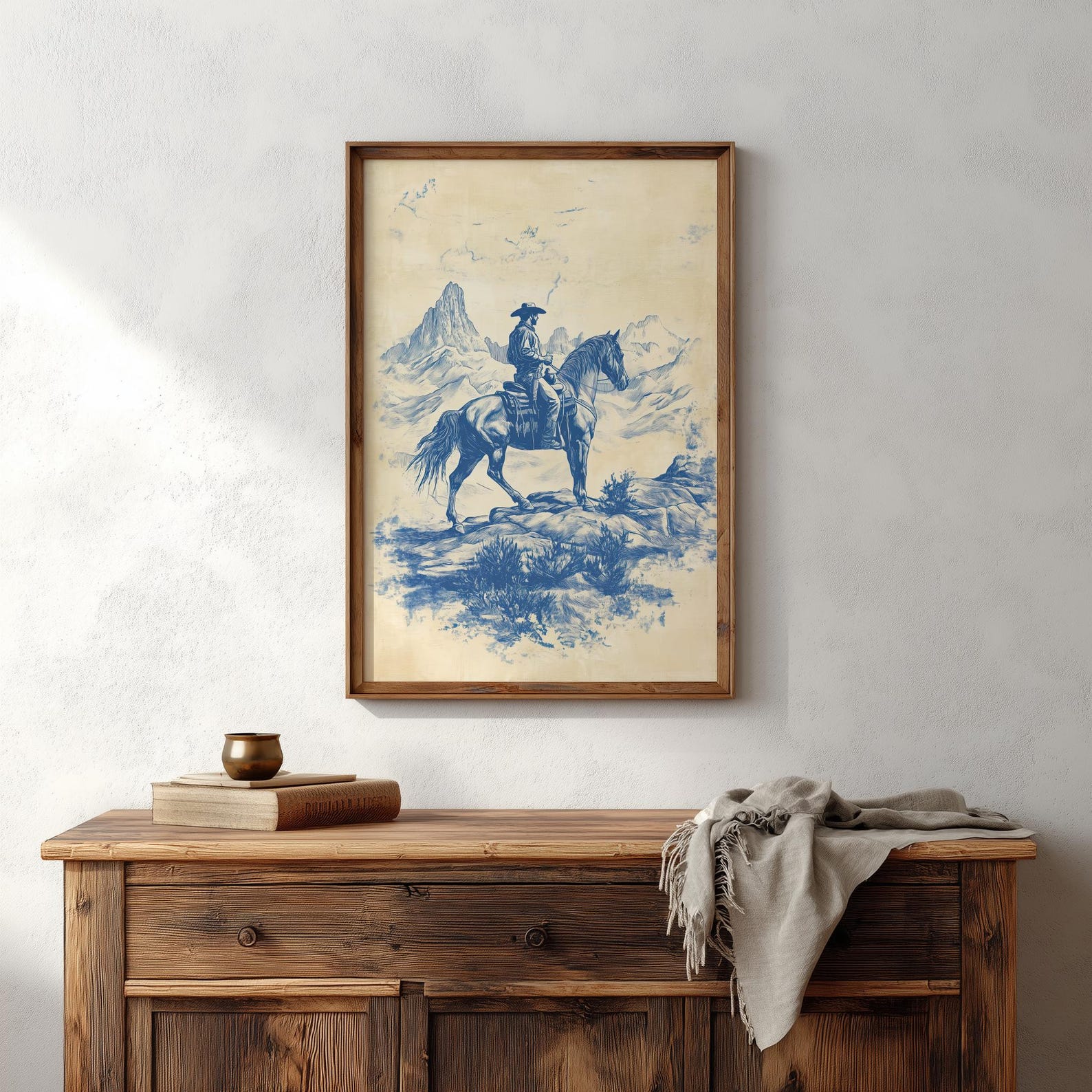 Chinoiserie Cowboy Print: Vintage Blue Horse Art, Western Decor - Etsy