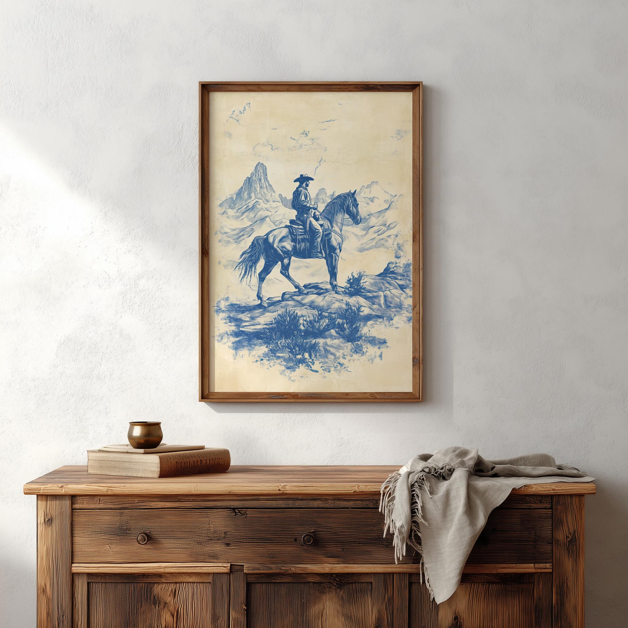 Chinoiserie Cowboy Print: Vintage Blue Horse Art, Western Decor - Etsy