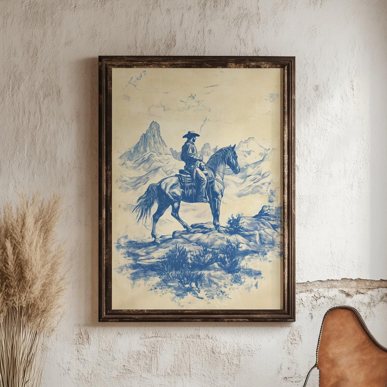 Chinoiserie Cowboy Print: Vintage Blue Horse Art, Western Decor - Etsy