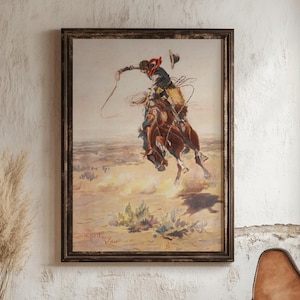 C.M. Impression de peinture Cowboy Russell : oeuvre d&#39;art vintage par mur occidental