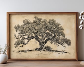 Southern Live Oak Print: Antique Sepia Texas Landscape Art
