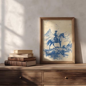 Chinoiserie Cowboy Print: Vintage Blue Horse Art, Western Decor - Etsy