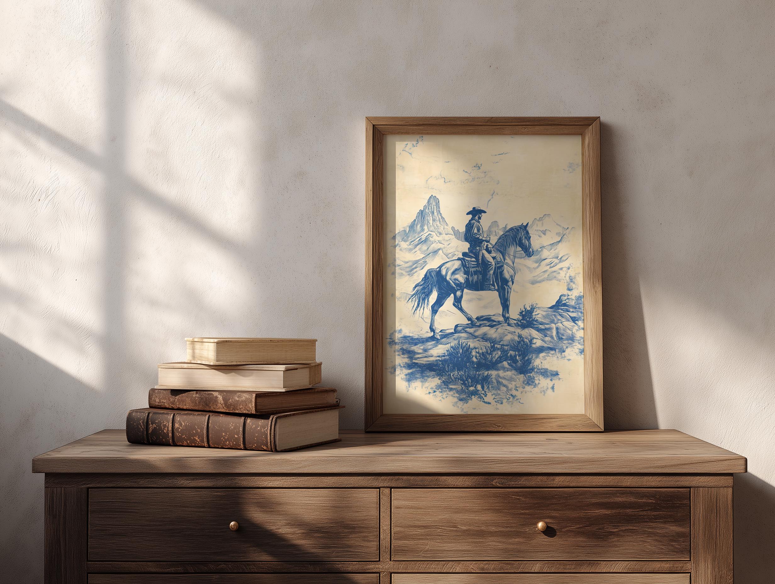 Chinoiserie Cowboy Print: Vintage Blue Horse Art, Western Decor - Etsy