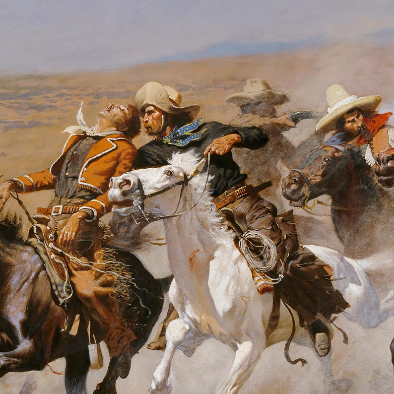 Puede incluir: Pintura din&aacute;mica de vaqueros a caballo en un paisaje des&eacute;rtico. Los vaqueros llevan sombreros, chaquetas y pa&ntilde;uelos. Uno de ellos est&aacute; sobre un caballo blanco, otros sobre caballos marrones. La escena evoca movimiento y drama.