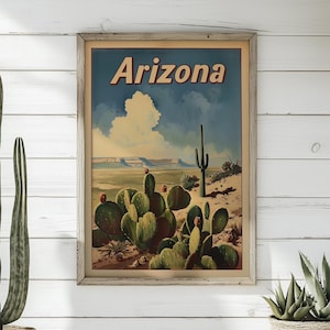Póster vintage de viaje a Arizona: Impresión artística de cactus del desierto