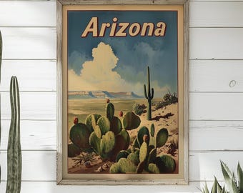 Póster vintage de viaje a Arizona: Impresión artística de cactus del desierto