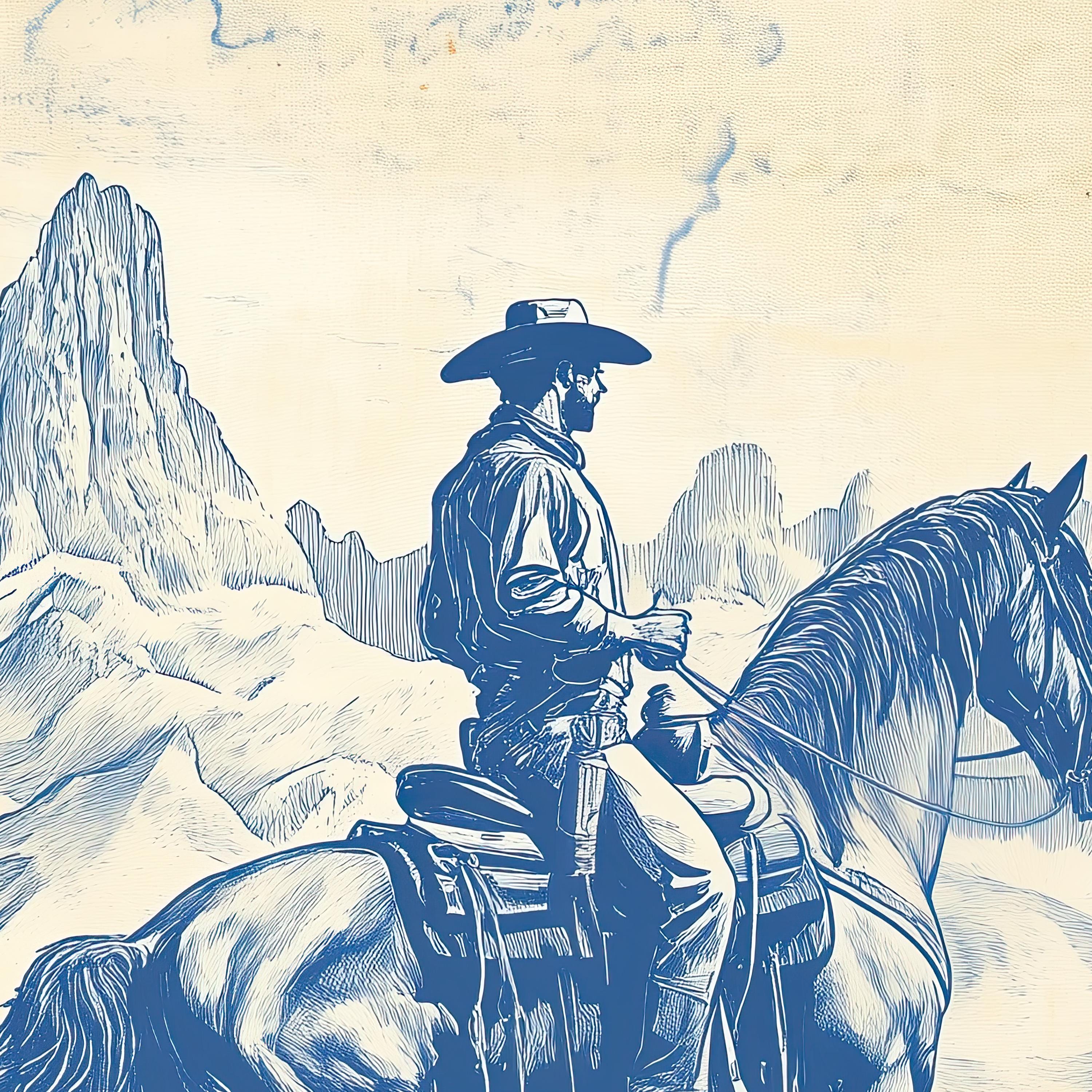 Chinoiserie Cowboy Print: Vintage Blue Horse Art, Western Decor - Etsy
