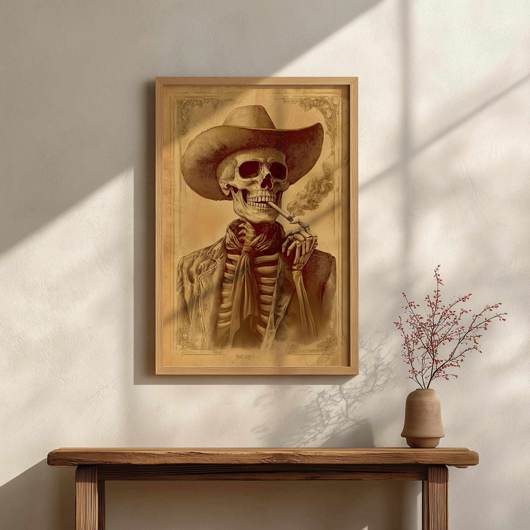 アンティーク雑貨 Vintage Skull Victorian Gothic Cowboy Skeleton Art Print: Sepia Western Skull