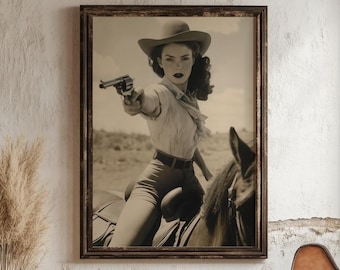 Vintage Cowgirl Print: 1940s Film Noir Western Wall Art
