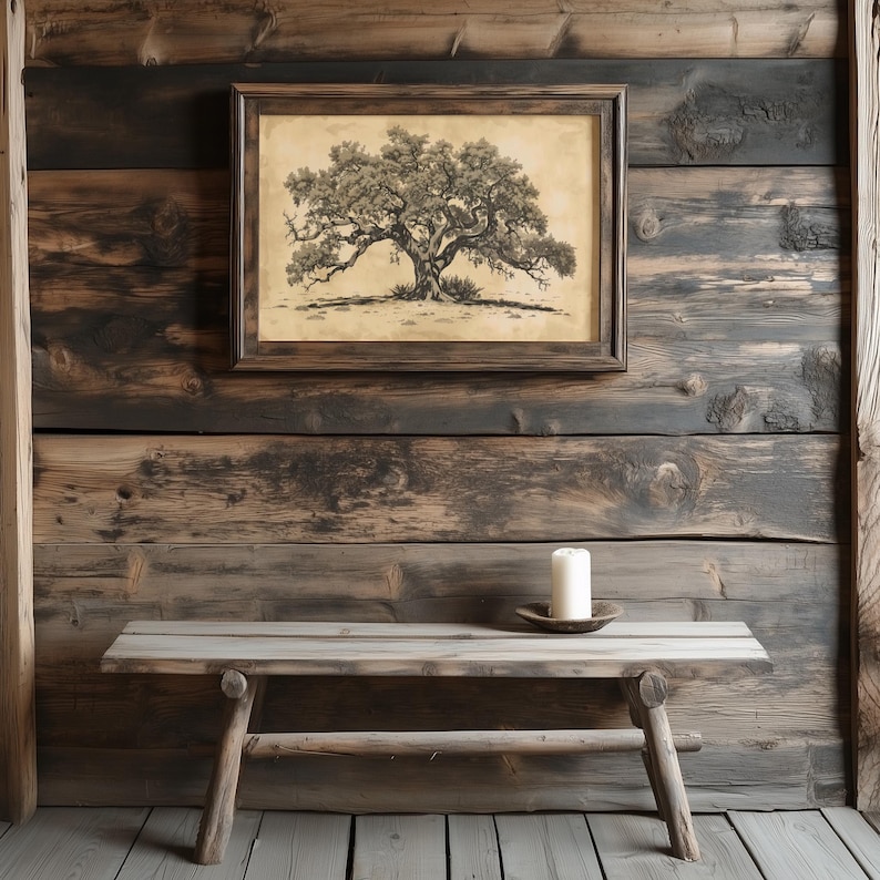 Southern Live Oak Print: Antique Sepia Texas Landscape Art