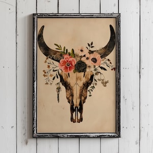 Floral Bull Skull Print: Vintage Gothic Western Dekor