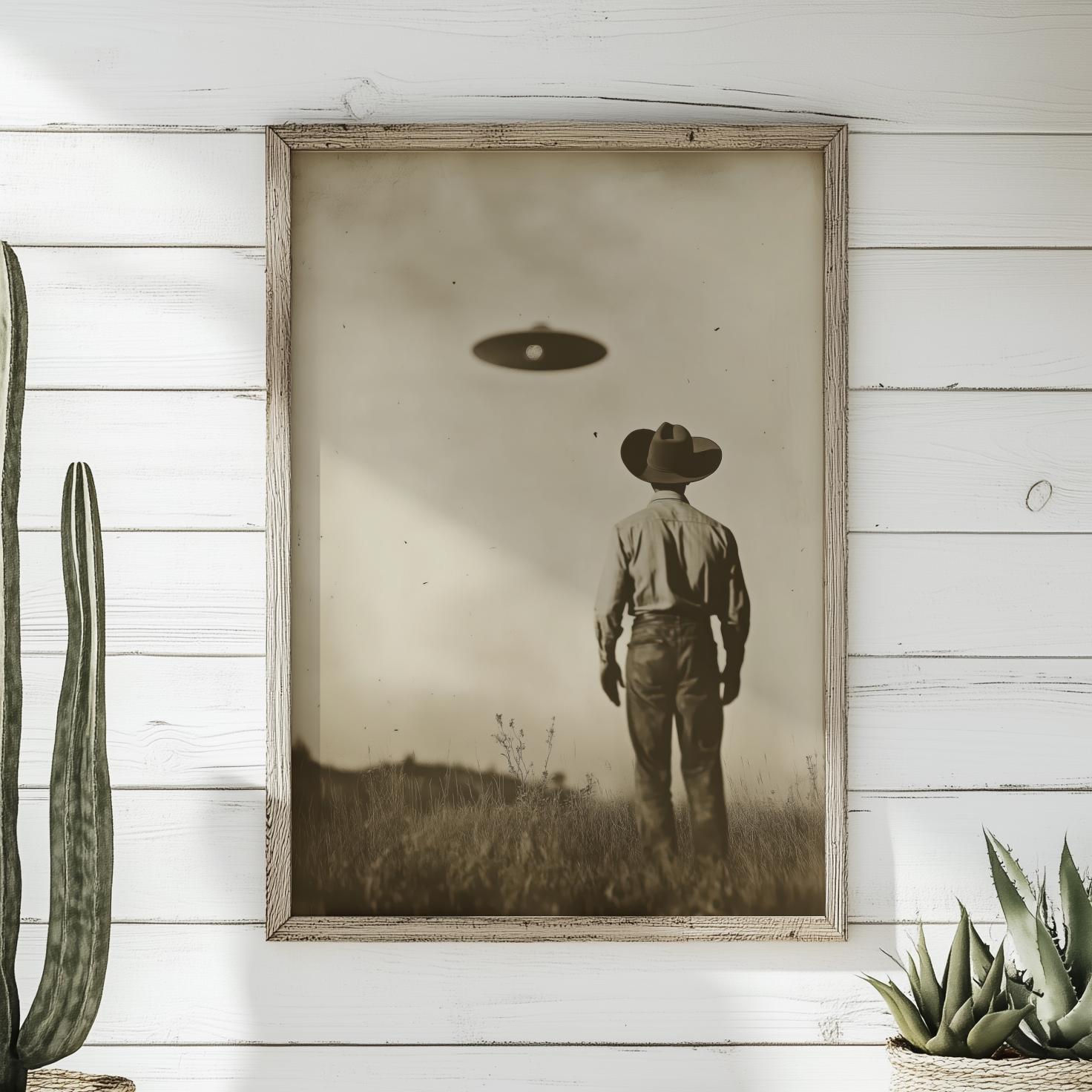 UFO Cowboy Art Print - Vintage Style Sci Fi Western Photography - Americana Alien Wall Decor