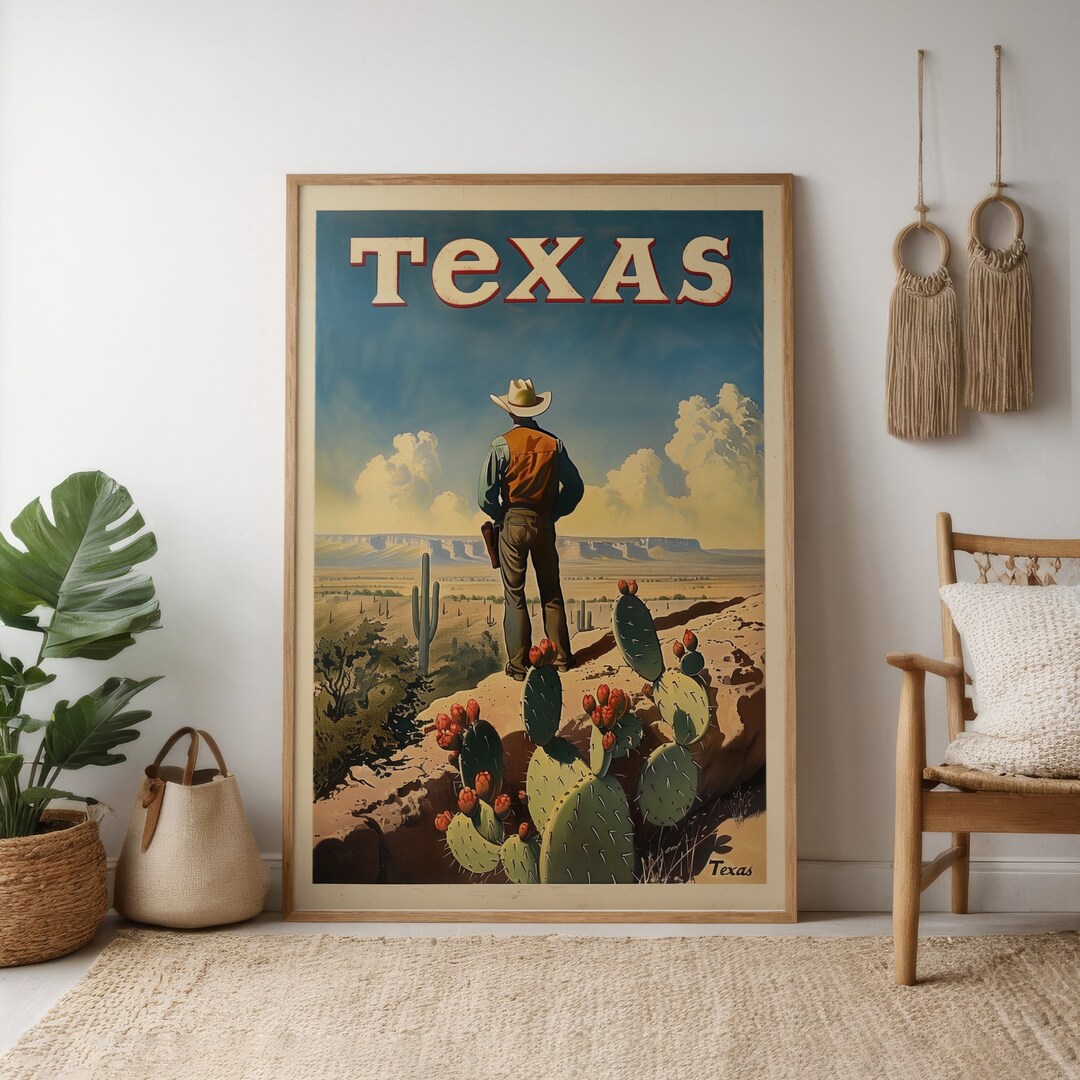 Retro Texas Travel Poster Vintage Texas Artwork, Rustic Cowboy Art ...