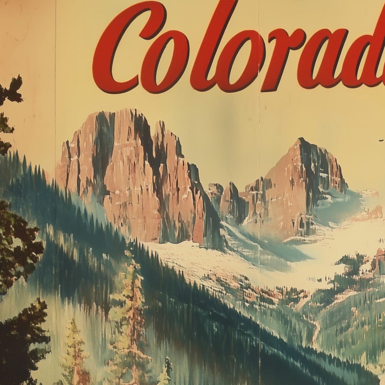 May include: Vintage travel poster featuring the word "Colorado" in red script above a mountain landscape. The artwork depicts rugged, snow-capped peaks, evergreen forests, and a pale yellow sky, evoking a sense of adventure.