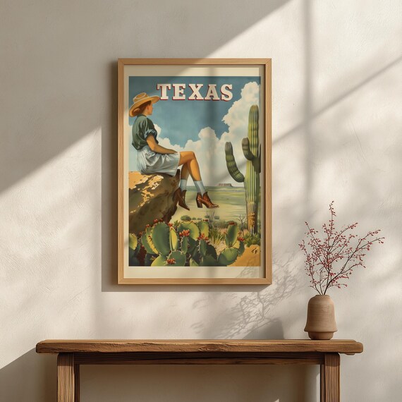 Retro Texas Travel Poster: Vintage Cowgirl Desert Art - Etsy