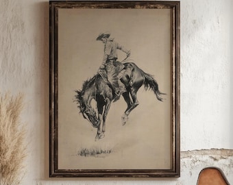 Western Wall Art Print Cowboy Riding Bucking Bronco Vintage Style Rustic Home Decor Classic American Artwork