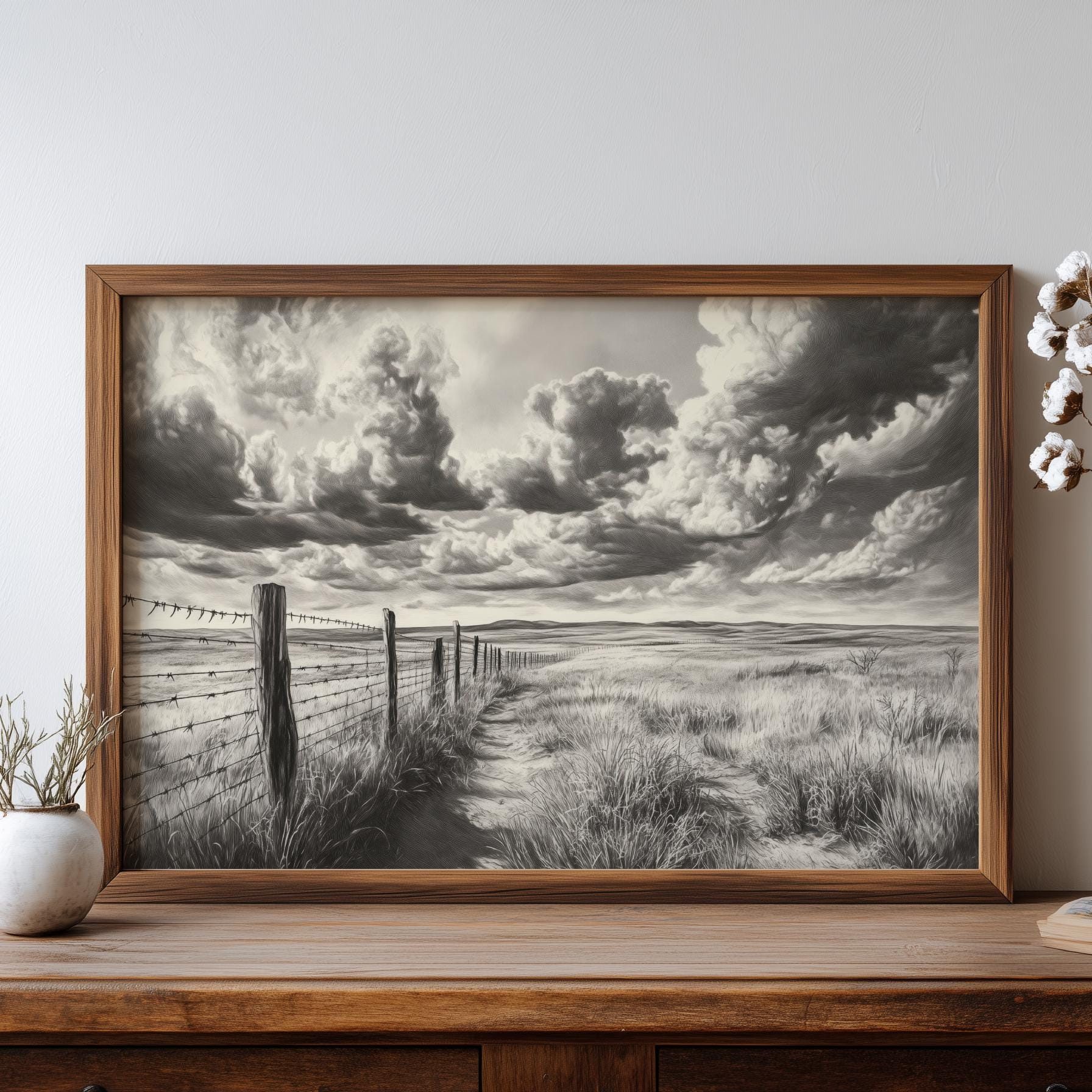 ヴィンテージ西部風景画：有刺鉄線の草原、素朴な農家風装飾 - Etsy 日本