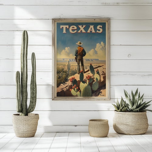 Póster retro de viaje de Texas: arte vaquero vintage, decoración del oeste
