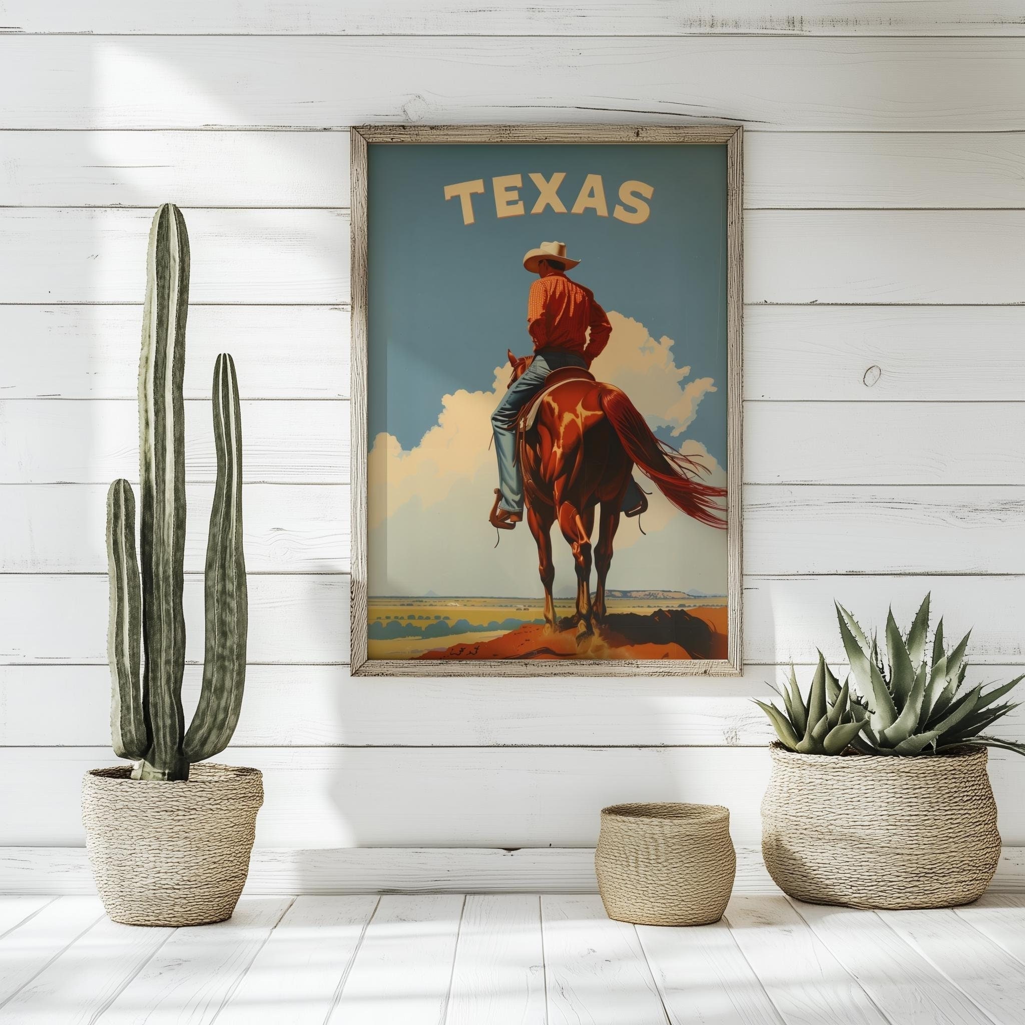 Retro Texas Travel Poster | Western Decor, Rustic Wall Art, Vintage Cowboy Art, Lone Star State Artwork
