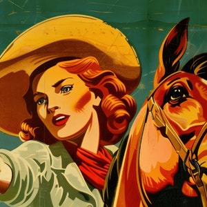 Peut inclure: Une femme portant un grand chapeau de cow-boy jaune et une &eacute;charpe rouge, avec un cheval brun &agrave; ses c&ocirc;t&eacute;s. La femme regarde vers la gauche, et le cheval regarde vers la droite. L'arri&egrave;re-plan est de couleur verte et bleue.
