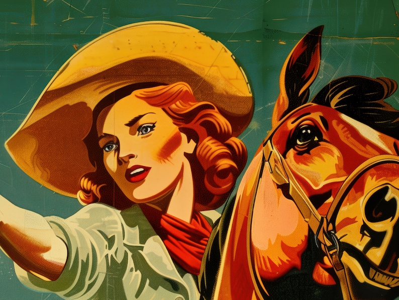 Peut inclure: Une femme portant un grand chapeau de cow-boy jaune et une &eacute;charpe rouge, avec un cheval brun &agrave; ses c&ocirc;t&eacute;s. La femme regarde vers la gauche, et le cheval regarde vers la droite. L'arri&egrave;re-plan est de couleur verte et bleue.