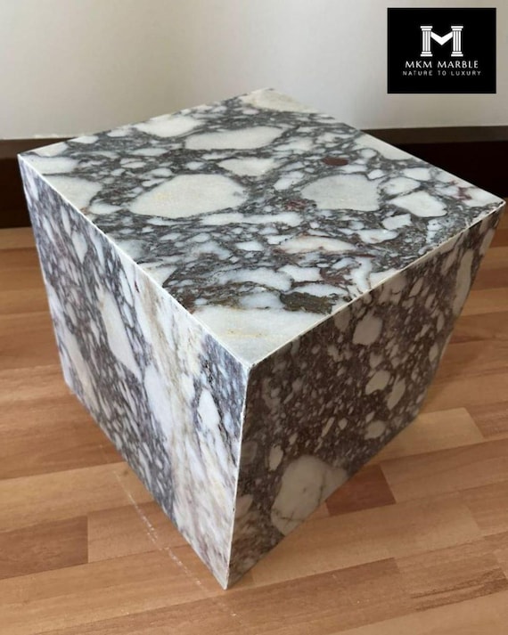 Calacatta Viola Marble Cube Table – Parisian Natural Stone Nightstand, Sculptural Coffee Stand
