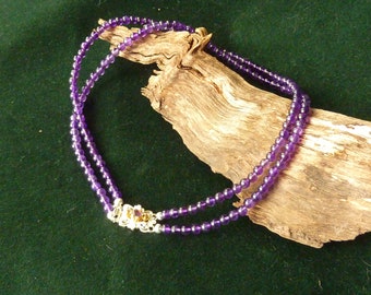 Traditional choker necklace in sterling silver gold plated and amethyst beads, 2 courses