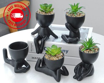 Unique planters for coffee and books - human-shaped pots for indoor plants, creative home decor items, handmade with magic