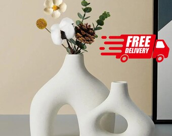 Vases en céramique faits main de style nordique - dessins de petits et grands beignets | Vase anneau unique | Pendaison de crémaillère et idées cadeaux pour une nouvelle maison
